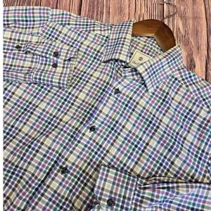 David Donahue Purple Teal Plaid Long Sleeve Button Down Dress Shirt Mens Large